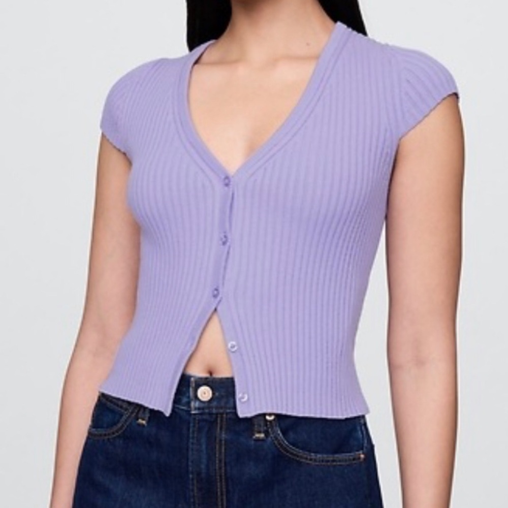 GAP Ribbed V-Neck Button Cropped Cap Sleeve Lavender Cardigan Women’s Size S